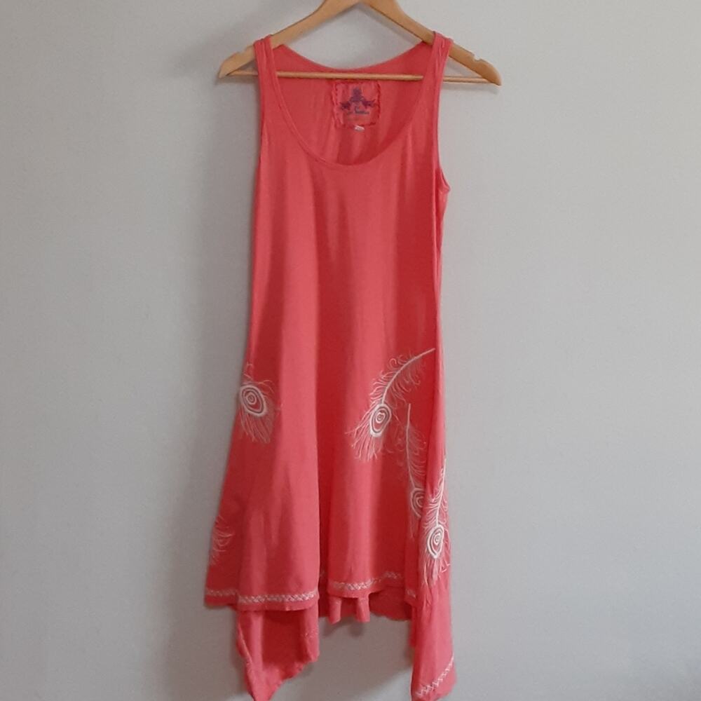 Johnny Was Boho Tank Dress with embroidered feathers Asymmetrical hem small
